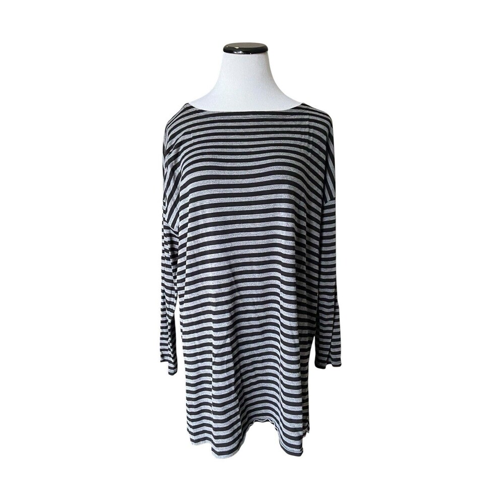Eileen Fisher Tencel Tunic Top‎ Size M Gray Striped Minimalist Elevated Casual